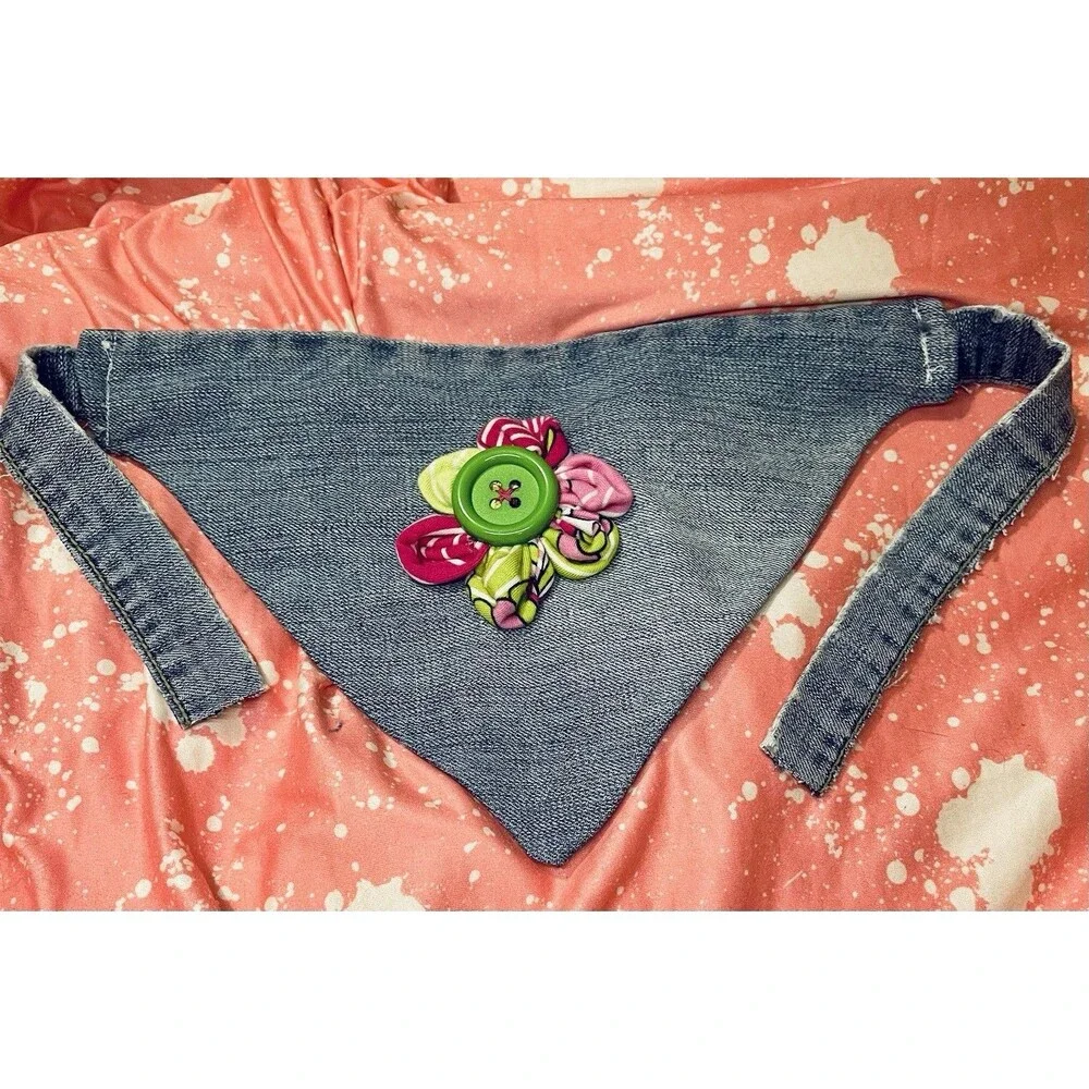 Pet Bandana Distressed Blue Jean Scarf with Lime & Pink Ribbon Flower Accent SzS